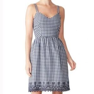 Draper James Gingham Navy White Floral Eyelet Lace Hem Fit & Flare Dress